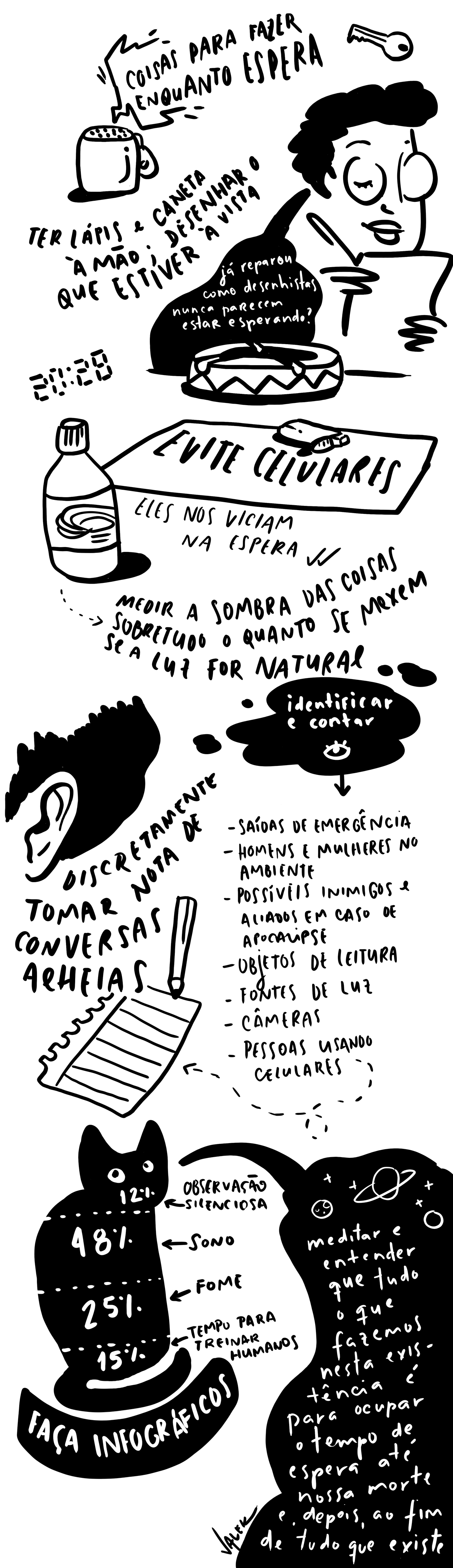 "Coisas para fazer enquanto espera" saindo de uma caixinha de som. "Ter lápis e caneta à mão; desenhar o que estiver à vista. Ao lado, uma moça de óculos e cabelo curto desenha numa folha de papel: "já reparou como desenhistas nunca parecem estar esperando?" 20:28. O desenho de um cinzeiro, isqueiro, uma folha de papel com o texto: "evite celulares. eles nos viciam na espera". O desenho de uma garrafa: "medir a sombra das coisas sobretudo o quanto se mexem se a luz for natural". Numa mancha preta: "identificar e contar: - saídas de emergência - homens e mulheres no ambiente - possíveis inimigos e aliados em caso de apocalipse - objetos de leitura - fontes de luz - câmeras - pessoas usando celulares" O desenho de um ouvido atento, uma folha de papel com caneta: "discretamente tomar nota de conversas alheias". O desenho de um gato dividido em 4 partes, com as seguintes proporções: 12% observação silenciosa 48% sono 25% fome 15% tempo para treinar humanos. Abaixo dele: "faça infográficos". Uma fala que sai do gato, com o desenho de planetas e estrelas: "meditar e entender que tudo o que fazemos nesta existência é para ocupar o tempo de espera até nossa morte e, depois, ao fim de tudo que existir 