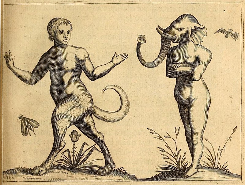 Ilustracão antiga com duas figuras grotescas: uma pessoa com cara de bebê, torso de homem e patas de cachorro, com uma cauda peluda; outra figura com cabeça de elefante e corpo humano nu.